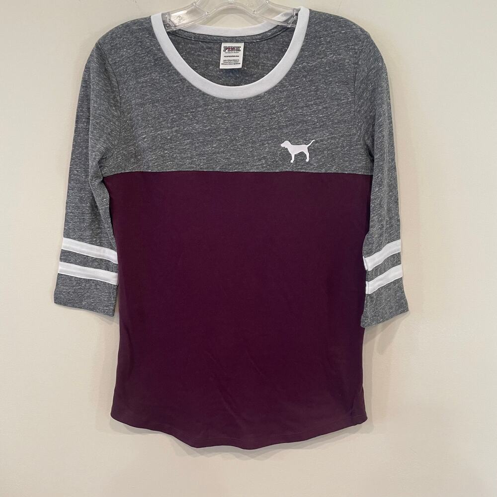 Pink Victoria's Secret Gray/Maroon 3/4 Sleeve Top Sz XS